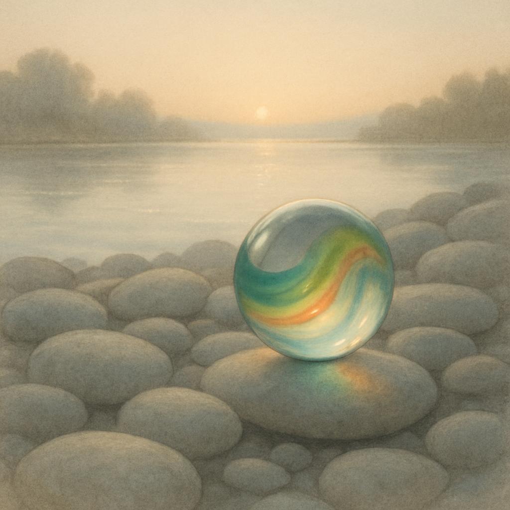 A serene scene with a marbled orb, rendered in a realistic style, set against a peaceful lake backdrop at sunset.